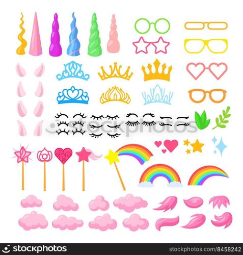 Cartoon unicorn elements vector illustrations set. Collection of horns, ears, crowns, glasses, hairstyles, clouds, rainbows isolated on white background. Imagination, fantasy, birthday party concept