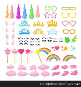 Cartoon unicorn elements vector illustrations set. Collection of horns, ears, crowns, glasses, hairstyles, clouds, rainbows isolated on white background. Imagination, fantasy, birthday party concept