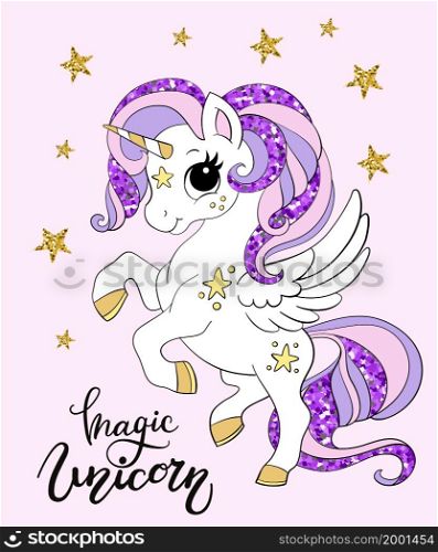 Cartoon unicorn with long mane and tale and text Magic unicorn. Vector color isolated ilustration with gold. For sticker, design, decoration, print, baby shower, t-shirt, dishes and kids apparel. Pretty cartoon unicorn vector illustration golden colors