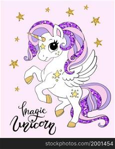 Cartoon unicorn with long mane and tale and text Magic unicorn. Vector color isolated ilustration with gold. For sticker, design, decoration, print, baby shower, t-shirt, dishes and kids apparel. Pretty cartoon unicorn vector illustration golden colors