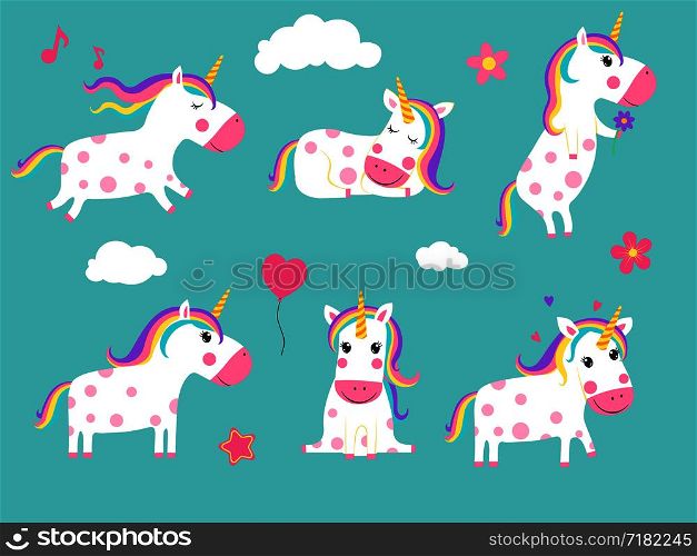 Cartoon unicorns. Cute fairy tale animals in dynamic poses. Vector animal unicorn, horse fantasy mythology illustration. Cartoon unicorns. Cute fairy tale animals in dynamic poses