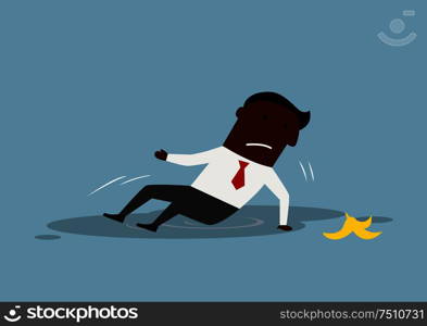 Cartoon upset african american businessman slipped on a banana peel and fell. Accident or business failure concept design. Cartoon businessman slipped on a banana peel