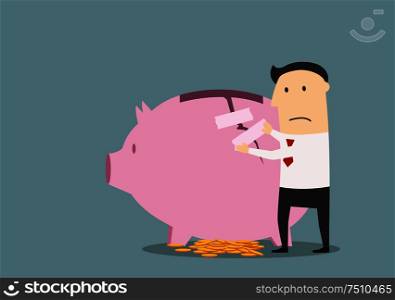 Cartoon upset businessman repairing cracked pink piggy bank with sticky tape, trying to protect savings. For financial loss theme design