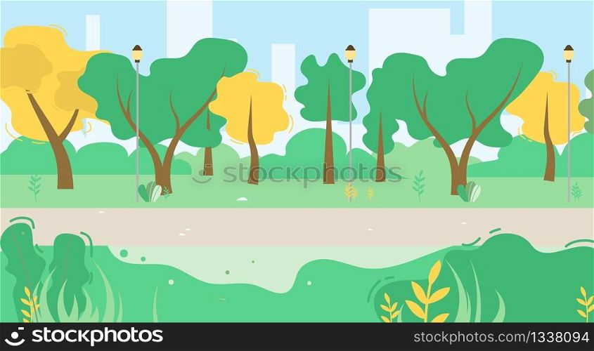 Cartoon Urban Public Green Park Vegetation and Walk Side with Lanterns. Natural Landscape and City Skyscrapers Silhouette on Skyline. Vector Flat Illustration. Rest Zone, Promenade Area for Recreation. Urban Public Green Park Vegetation and Walk Side
