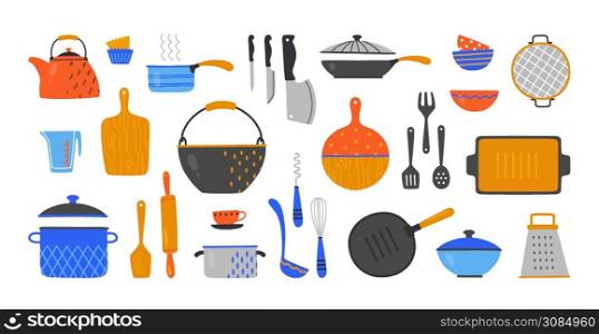 Cartoon utensil. Hand drawn cookery and kitchen equipment, doodle kitchenware and cutlery. Vector set flat design image cooking devices, plates pans knives and cups. Cartoon utensil. Hand drawn cookery and kitchen equipment, doodle kitchenware and cutlery. Vector cooking devices, plates pans knives and cups