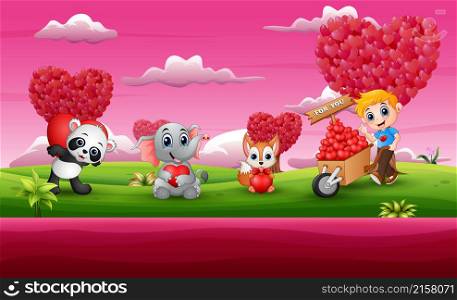 Cartoon Valentines Day celebration in a pink garden