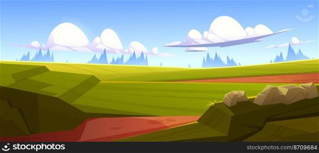 Cartoon valley nature landscape, summer scenery view, rural background with dirt road, green field with grass and rocks under blue sky with fluffy clouds, wild park 2d game scene, Vector illustration. Cartoon nature landscape, dirt road go along field