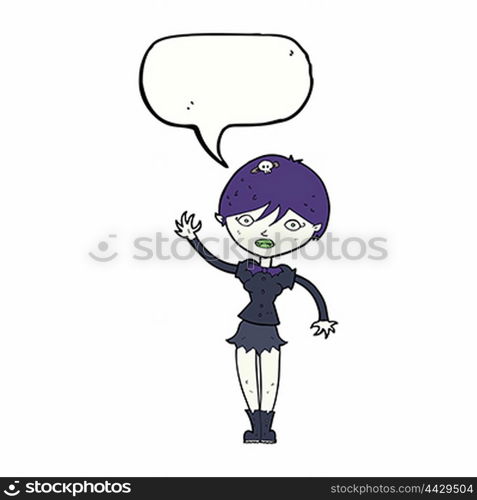 cartoon vampire girl waving with speech bubble