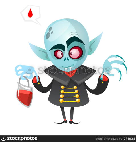 Cartoon vampire. Halloween vector illustration vampire holding pack of blood isolated on white background