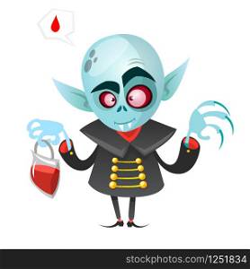 Cartoon vampire. Halloween vector illustration vampire holding pack of blood isolated on white background