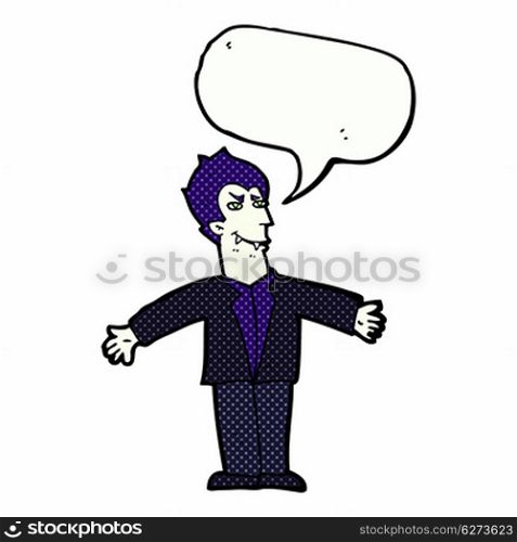 cartoon vampire man with open arms with speech bubble