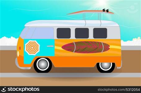 Cartoon van with surfboards standing in the road by the sea. Vector Illustration. EPS10. Cartoon van with surfboards standing in the road by the sea. Vec