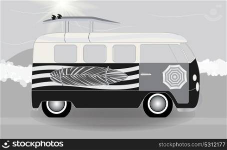 Cartoon van with surfboards standing in the road by the sea. Vector Illustration. EPS10. Cartoon van with surfboards standing in the road by the sea. Vec
