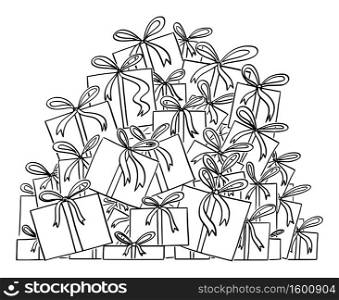 Cartoon vector black and white illustration or drawing of big pile of christmas presents or gifts.. Vector Cartoon Drawing or Illustration of Big Pile of Christmas Gifts or Presents.