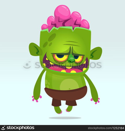 Cartoon vector cute zombie. Halloween vector illustration of happy monster. Design for print, sticker, emblem, mascot , greetings invitation or party