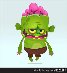 Cartoon vector cute zombie. Halloween vector illustration of happy monster. Design for print, sticker, emblem, mascot , greetings invitation or party