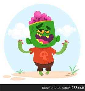 Cartoon vector cute zombie. Halloween vector illustration of happy monster isolated on colorful background