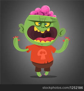 Cartoon vector cute zombie. Halloween vector illustration of happy zombie isolated on dark background