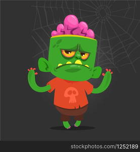 Cartoon vector cute zombie. Halloween vector illustration of happy zombie isolated on dark background