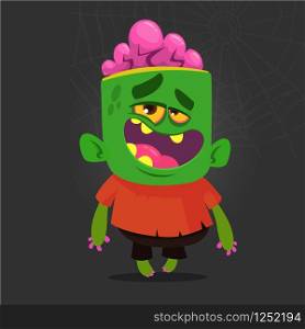 Cartoon vector cute zombie. Halloween vector illustration of happy zombie isolated on dark background. Design for print, sticker, emblem, mascot , greetings invitation or party