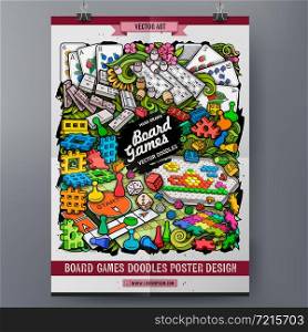 Cartoon vector doodle Board Games poster template. Funny colorful corporate identity.. Cartoon vector doodle Toys poster template.