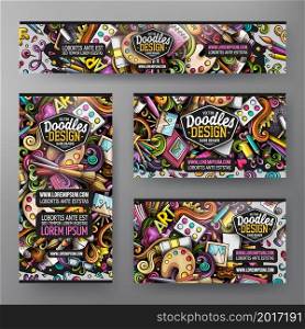 Cartoon vector doodle set of Artist corporate identity templates. Colorful funny banners, id cards, flayer for the use on branding, invitations, cards, apps, web design.. Cartoon vector doodle set of Artist corporate identity template