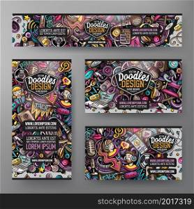 Cartoon vector doodle set of Audio Content corporate identity templates. Colorful funny banners, id cards, flayer for the use on branding, invitations, cards, apps, web design.. Cartoon vector doodle set of Audio Content corporate identity template