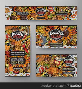 Cartoon vector doodle set of Autumn corporate identity templates. Colorful funny banners, id cards, flayer for the use on branding, invitations, cards, apps, web design.. Cartoon vector doodle set of Autumn corporate identity templates.