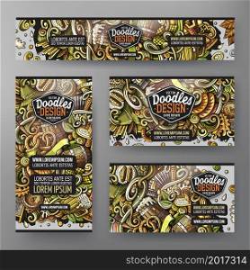 Cartoon vector doodle set of Beer Fest corporate identity templates. Colorful funny banners, id cards, flayer for the use on branding, invitations, cards, apps, web design.. Cartoon vector doodle set of Beer Fest corporate identity template