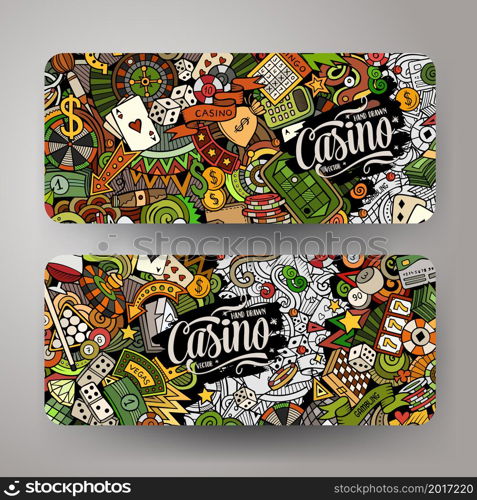 Cartoon vector doodle set of Casino banners templates. Corporate identity for the use on invitations, cards, apps, branding, flyers, greeting cards, postcards, web design. Funny colorful and line art illustration.. Cartoon cute doodles Casino horizontal banners set