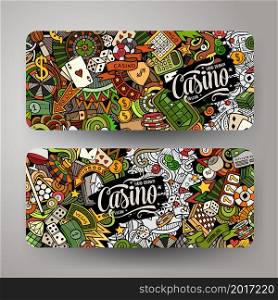 Cartoon vector doodle set of Casino banners templates. Corporate identity for the use on invitations, cards, apps, branding, flyers, greeting cards, postcards, web design. Funny colorful and line art illustration.. Cartoon cute doodles Casino horizontal banners set