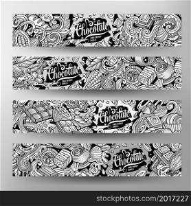 Cartoon vector doodle set of Chocolate banners templates. Corporate identity for the use on apps, branding, flyers, web design. Funny illustration.. Cartoon cute doodles Chocolate horizontal banners set