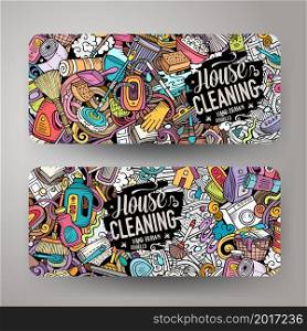 Cartoon vector doodle set of Cleaning banners templates. Corporate identity for the use on invitations, cards, apps, branding, flyers, greeting cards, postcards, web design. Funny colorful and line art illustration.. Cartoon cute doodles Cleaning horizontal banners set