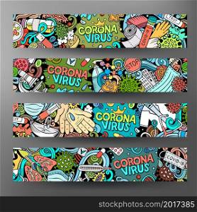 Cartoon vector doodle set of Coronavirus banners templates. Corporate identity for the use on apps, branding, flyers, web design. Funny colorful illustration.. Cartoon cute doodles Coronavirus horizontal banners set