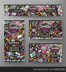 Cartoon vector doodle set of Designer corporate identity templates. Colorful funny banners, id cards, flayer for the use on branding, invitations, cards, apps, web design.. Cartoon vector doodle set of Designer corporate identity template