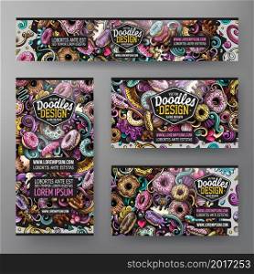 Cartoon vector doodle set of Donuts corporate identity templates. Colorful funny banners, id cards, flayer for the use on branding, invitations, cards, apps, web design.. Cartoon vector doodle set of Donuts corporate identity template
