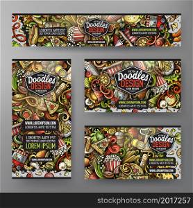 Cartoon vector doodle set of Fastfood corporate identity templates. Colorful funny banners, id cards, flayer for the use on branding, invitations, cards, apps, web design.. Cartoon vector doodle set of Fastfood corporate identity template