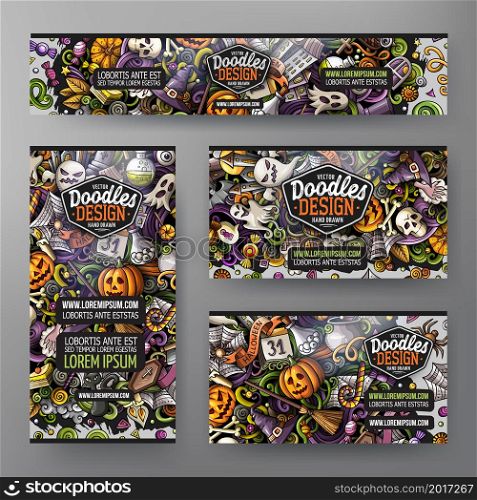 Cartoon vector doodle set of Halloween corporate identity templates. Colorful funny banners, id cards, flayer for the use on branding, invitations, cards, apps, web design.. Cartoon vector doodle set of Halloween corporate identity template