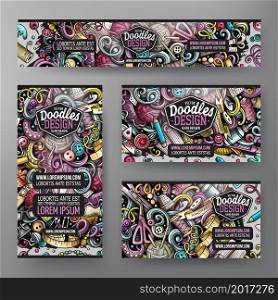 Cartoon vector doodle set of Handmade corporate identity templates. Colorful funny banners, id cards, flayer for the use on branding, invitations, cards, apps, web design.. Cartoon vector doodle set of Handmade corporate identity template