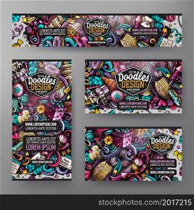Cartoon vector doodle set of Holiday corporate identity templates. Colorful funny banners, id cards, flayer for the use on branding, invitations, cards, apps, web design.. Cartoon vector doodle set of Holiday corporate identity template
