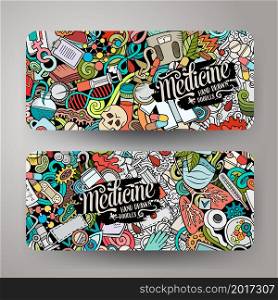 Cartoon vector doodle set of Medicine banners templates. Corporate identity for the use on invitations, cards, apps, branding, flyers, greeting cards, postcards, web design. Funny colorful and line art illustration.. Cartoon cute doodles Medicine horizontal banners set
