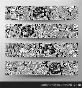 Cartoon vector doodle set of Native American banners templates. Corporate identity for the use on apps, branding, flyers, web design. Funny illustration.. Cartoon cute doodles Native American horizontal banners set