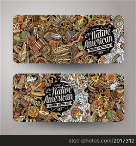 Cartoon vector doodle set of Native American banners templates. Corporate identity for the use on invitations, cards, apps, branding, flyers, greeting cards, postcards, web design. Funny colorful and line art illustration.. Cartoon cute doodles Native American horizontal banners set