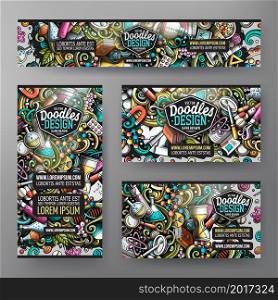 Cartoon vector doodle set of Science corporate identity templates. Colorful funny banners, id cards, flayer for the use on branding, invitations, cards, apps, web design.. Cartoon vector doodle set of Science corporate identity template