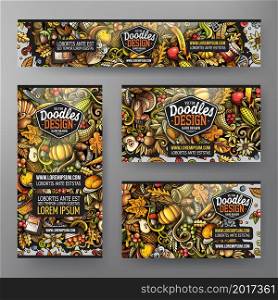 Cartoon vector doodle set of Thanksgiving corporate identity templates. Colorful funny banners, id cards, flayer for the use on branding, invitations, cards, apps, web design.. Cartoon vector doodle set of Thanksgiving corporate identity template