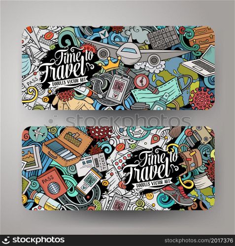 Cartoon vector doodle set of Traveling banners templates. Corporate identity for the use on invitations, cards, apps, branding, flyers, greeting cards, postcards, web design. Funny colorful and line art illustration.. Cartoon cute doodles Traveling horizontal banners set