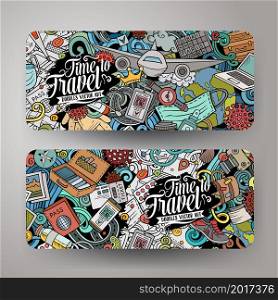 Cartoon vector doodle set of Traveling banners templates. Corporate identity for the use on invitations, cards, apps, branding, flyers, greeting cards, postcards, web design. Funny colorful and line art illustration.. Cartoon cute doodles Traveling horizontal banners set