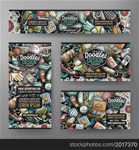 Cartoon vector doodle set of Traveling corporate identity templates. Colorful funny banners, id cards, flayer for the use on branding, invitations, cards, apps, web design.. Cartoon vector doodle set of Traveling corporate identity template
