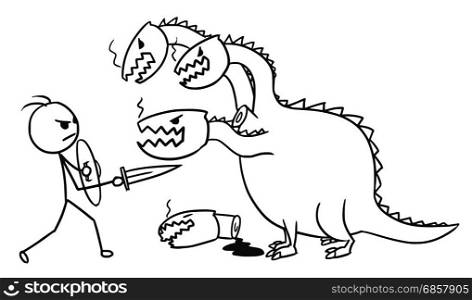 Cartoon vector doodle stickman fighting with sword and shield with four headed dragon