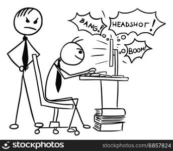 Cartoon vector doodle stickman playing video game on computer screen during work job with angry boss standing behind him